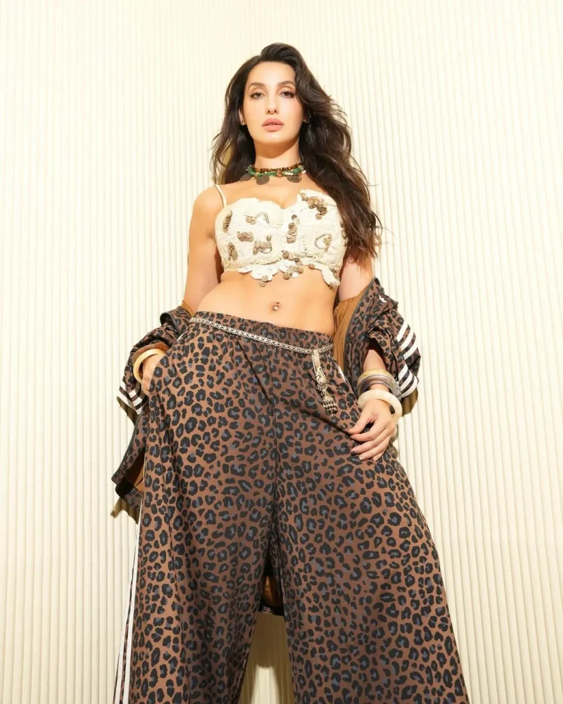 nora-fatehi-white-bralette-animal-print-look
