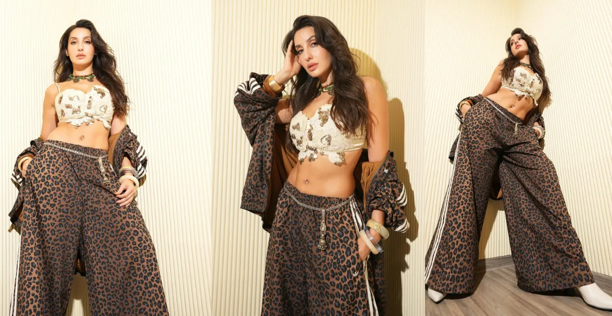 nora-fatehi-white-bralette-animal-print-look