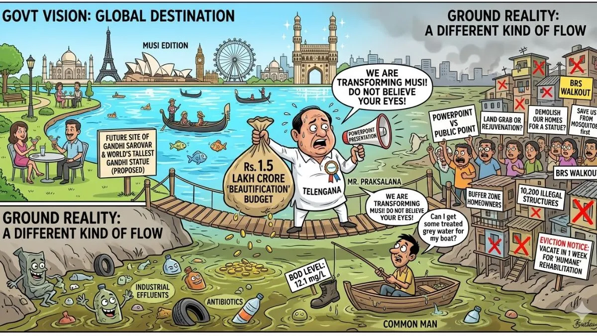 మూసీ ప్రక్షాళన: గ్రాఫిక్స్ వర్సెస్ రియాలిటీ - ఒక సెటైరికల్ కార్టూన్!